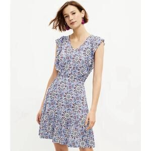 Loft Blue Pink Medallion Floral Ruffle Flare A-Line Dress Women’s Size Medium M